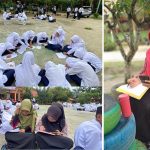 Kepala Sekolah MTsN 2 Pekanbaru, Fitrisma Rais, M.Pd (kanan) yang juga ikut dalam kegiatan Kegiatan 520 Puisi untuk Pahlawan